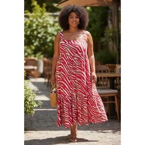 Michael Kors Soft Zebra Midi Dress Women Pink White Sleeveless Ruffle Hem Large